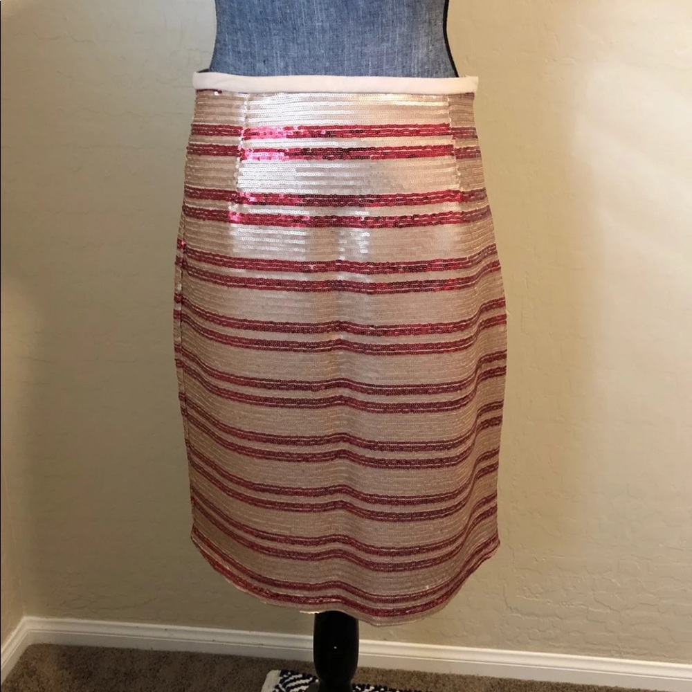 Anthropologie Cream and Pink Sequin Midi Skirt